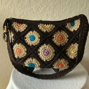 The Sak: Small Brown Floral Patch Crochet Bag/Purse